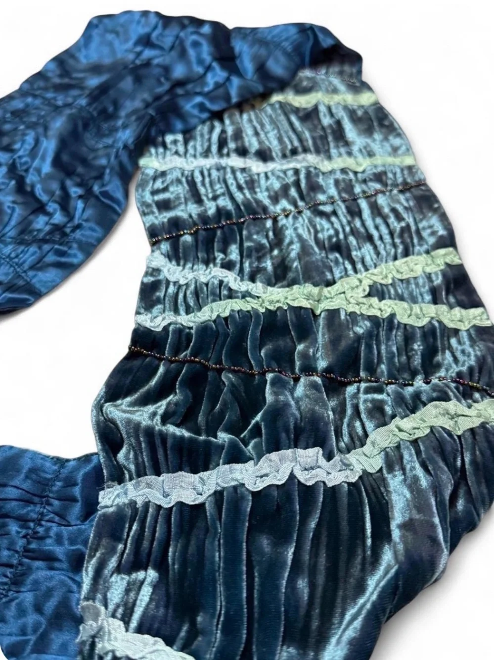 VTG Liz Claiborne Y2K Silk Blend Scarf Blue Teal Beaded Ruffle Trim Satin Wrap